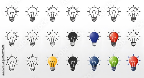 Collection of stylized light bulb icons representing ideas, innovation, and creativity in various