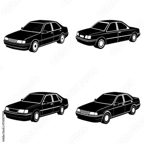 Four black sedan cars displayed in a grid pattern with a white background in a vector illustration