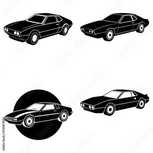 Four black and white illustrations of a vintage car in different angles and compositions on a white background