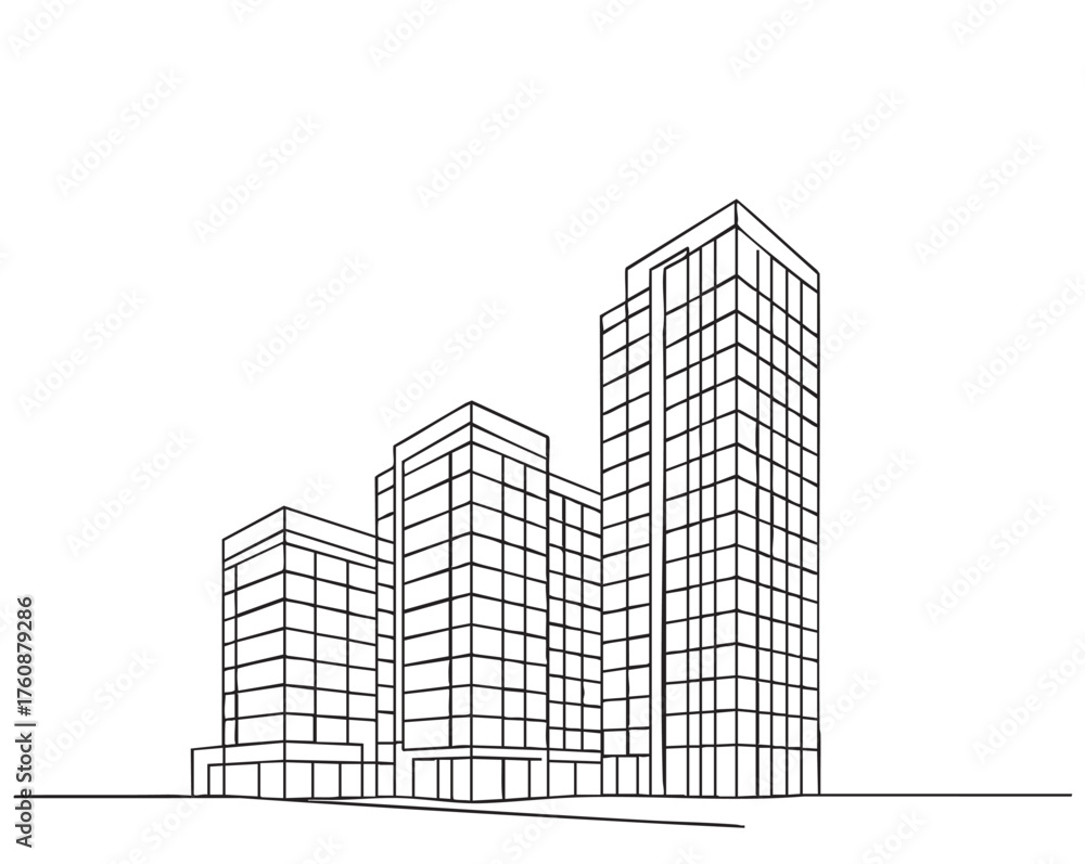 Fototapeta premium High rise building complex apartment sketch. Line art