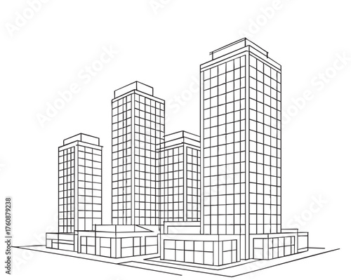High rise building complex apartment sketch. Line art