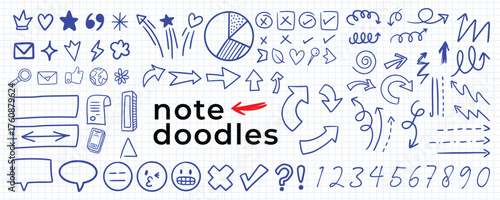Hand drawn blue highlights, underlines and emphasis crayon elements. Blue pen check marks, ovals and school notebook vector shapes for hand drawn notes. Checkered paper sheet