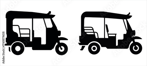 Black outline vector illustration of a three-wheeled auto rickshaw — depicting a classic tuk-tuk vehicle used for urban transportation. Simple line art design ideal for travel, transport, and cultural