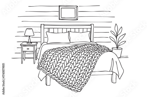 line sketch grange room home with knitted blanket on white background
