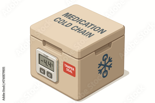 Insulated box for medication cold chain with temperature monitor and tamper seal