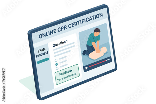 Online cpr certification course interface with progress tracker and feedback system