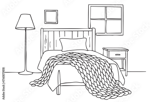 line sketch grange room home with knitted plaid on white background