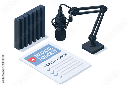 Medical podcast microphone setup with health topics guide