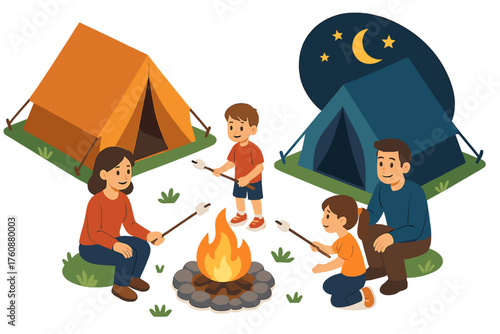 Family camping trip at night: hispanic parents with kids roasting marshmallows