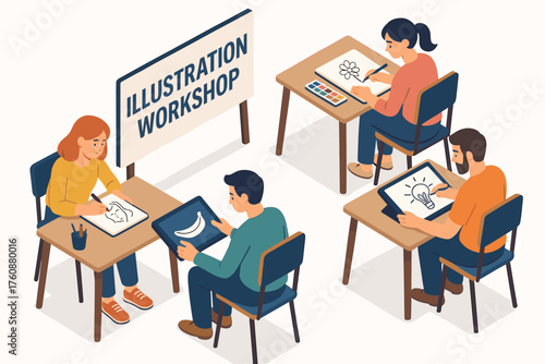 Diverse adults engaged in creative illustration workshop