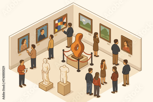 Art museum exhibition with diverse adults viewing paintings and sculptures