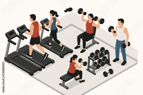 Isometric gym scene with caucasian adults exercising and lifting weights