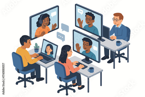 Diverse group of adults engaged in virtual meeting on computer screens