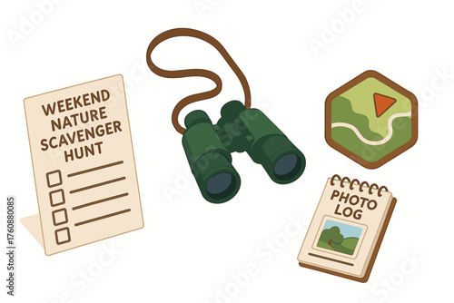 Weekend nature scavenger hunt essentials: binoculars, map badge, checklist, photo log
