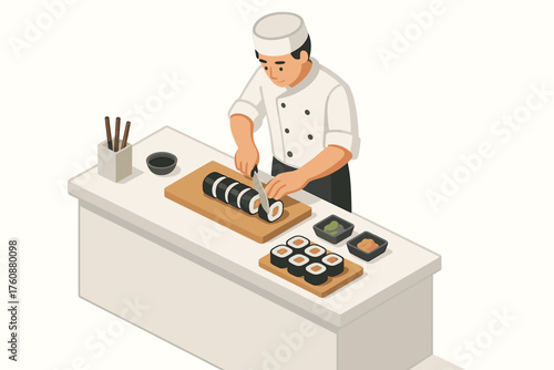 Asian male chef preparing sushi rolls in professional kitchen setting