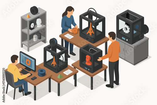 Young adults using 3d printers and cad software in a modern workspace