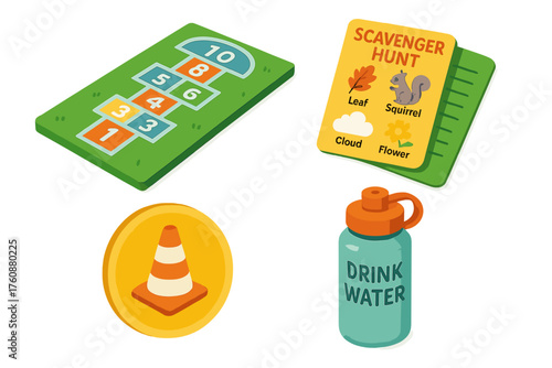 Outdoor activities for kids: hopscotch, scavenger hunt, traffic cone, drink water