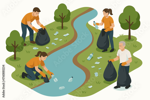 Diverse group cleans riverbank collecting litter in nature