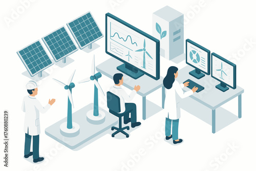 Isometric renewable energy lab with scientists analyzing solar and wind power data