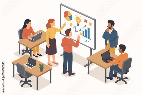 Collaborative business meeting with diverse team analyzing charts on whiteboard
