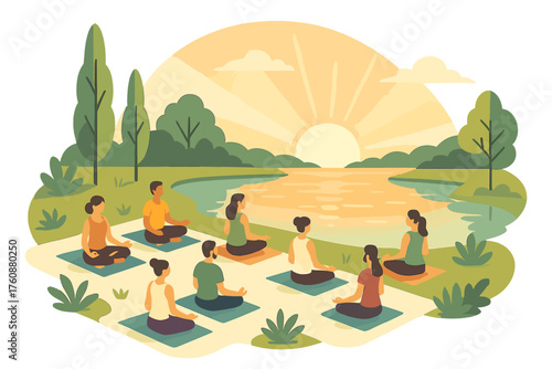 Group meditation by the lake at sunrise with diverse young adults in nature