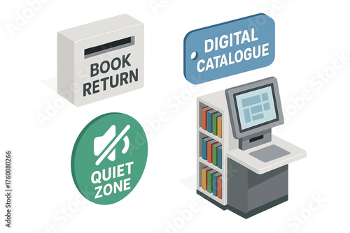 Digital library interface with book return and quiet zone features