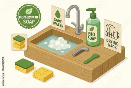 Eco-friendly kitchen sink with biodegradable soap and water-saving tips