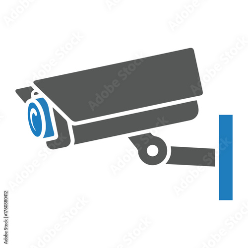 Illustration of a security camera mounted on a wall, with a gray body and blue accents.