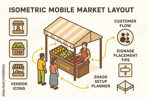 Isometric mobile market layout: customer flow, signage, vendor setup