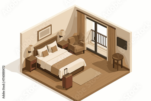 Cozy modern hotel room with balcony and luggage
