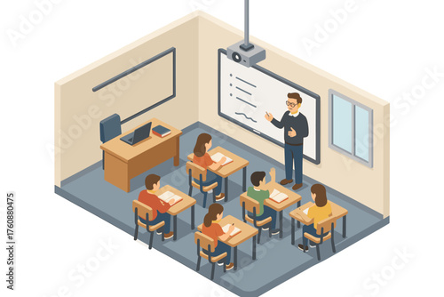 Isometric classroom with diverse students and teacher engaged in learning session