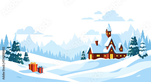 Cozy Winter Cabin with SnowCovered Roof and Glowing Windows.