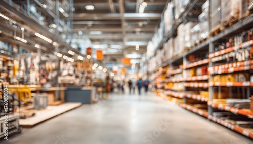 Blurred Essence Of A Hardware Store Aisle With Shelves Of Finishing Materials And Indiscernible Customers Passing By