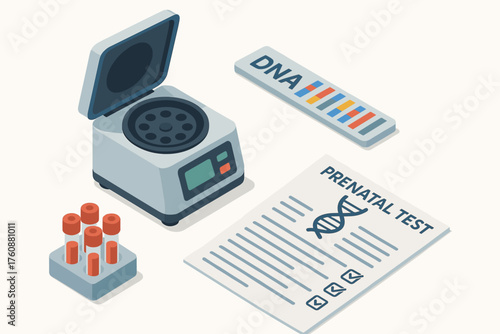 Prenatal dna testing: equipment and report illustration with test tubes and centrifuge