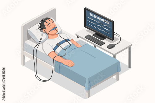 Young caucasian male undergoing sleep study for sleep disorder diagnosis in clinical setting