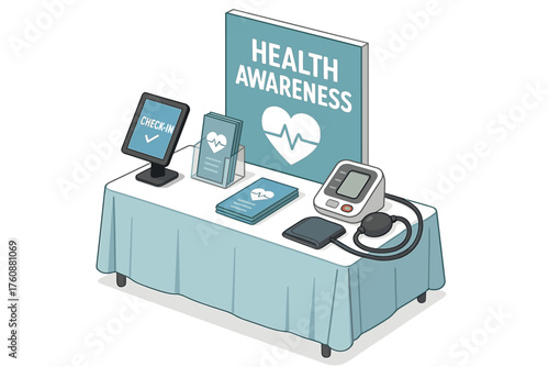 Health awareness booth with check-in station and equipment