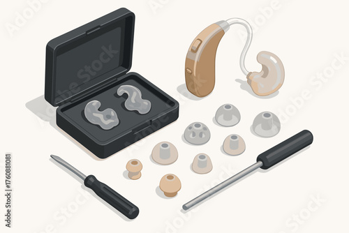 Hearing aid set with earpieces, screwdrivers, and charging case