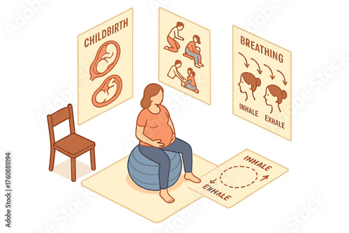 Pregnant caucasian female practicing breathing exercises for childbirth preparation