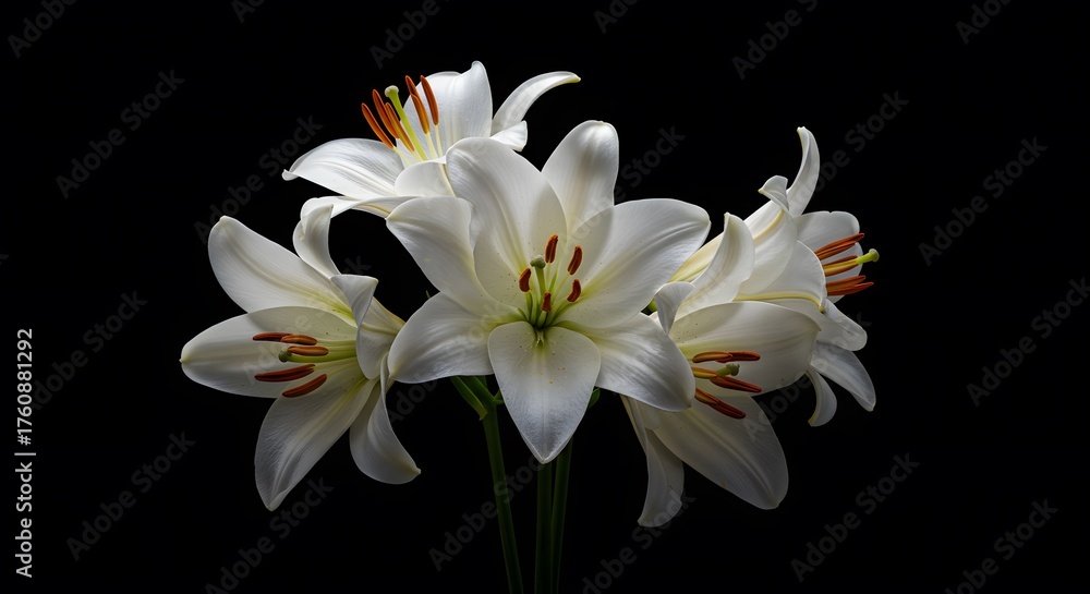 Fototapeta premium Elegant White Lilies Blooming Gracefully Against a Stark Black Background