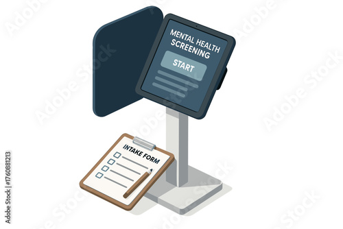 Digital mental health screening kiosk with intake form clipboard