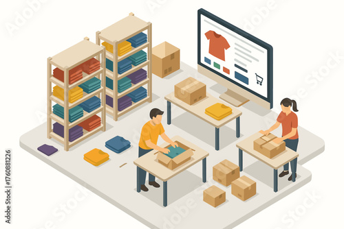 Online shopping illustration: caucasian male and female packing orders in a warehouse