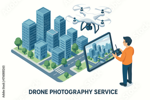 Male using drone for capturing urban cityscape with tablet control
