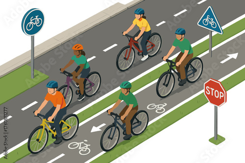 Group of adults cycling on bike path with safety gear and road signs