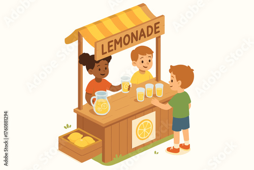 Children's lemonade stand with two boys and a girl serving drinks