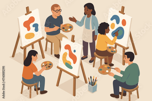 Diverse group of adults engaged in collaborative art class with instructor