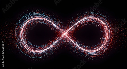 Digital Infinity Symbol Made of Glowing Binary Code Streams on Black Background