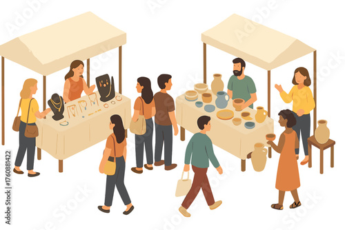 Diverse adults at market stalls selling jewelry and pottery