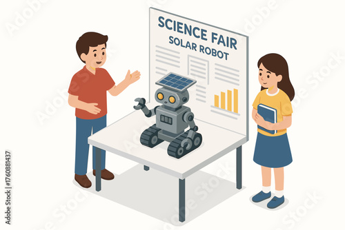 Children presenting solar robot at science fair: caucasian male and female kids engaging in stem