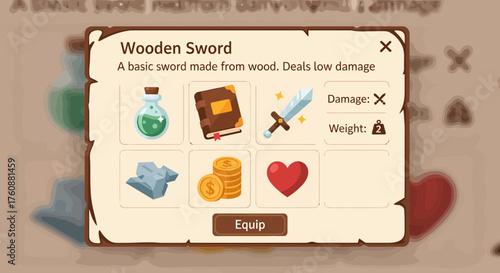 Fantasy Game Inventory Screen With Wooden Sword And Other Items