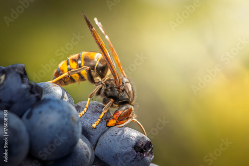 Extreme macro close-up of an invasive Asian Hornet (Vespa velutina) perched on dark, ripe grapes in Baden-Württemberg, Germany, highlighting the serious threat to biodiversity and beekeeping.